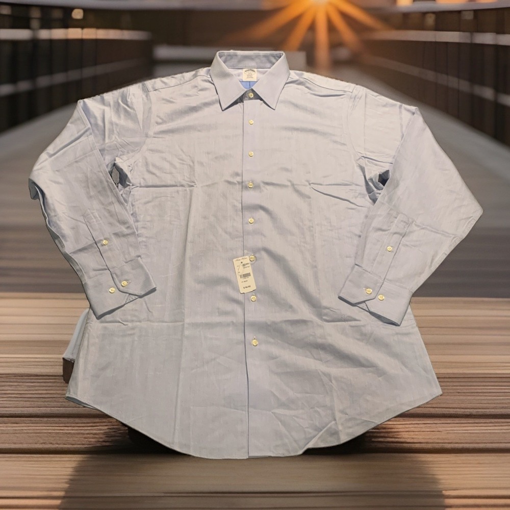 Brooks Brothers 1818 Shirt Mens 17 36/37 Regent Fit Light Blue Herringbone NWT